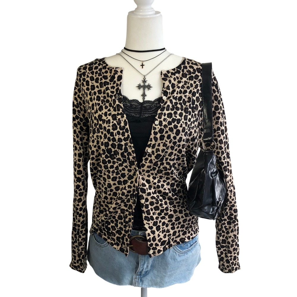 Vintage Y2K August Silk 100% Silk Leopard Print Cardigan Size L Mob Wife